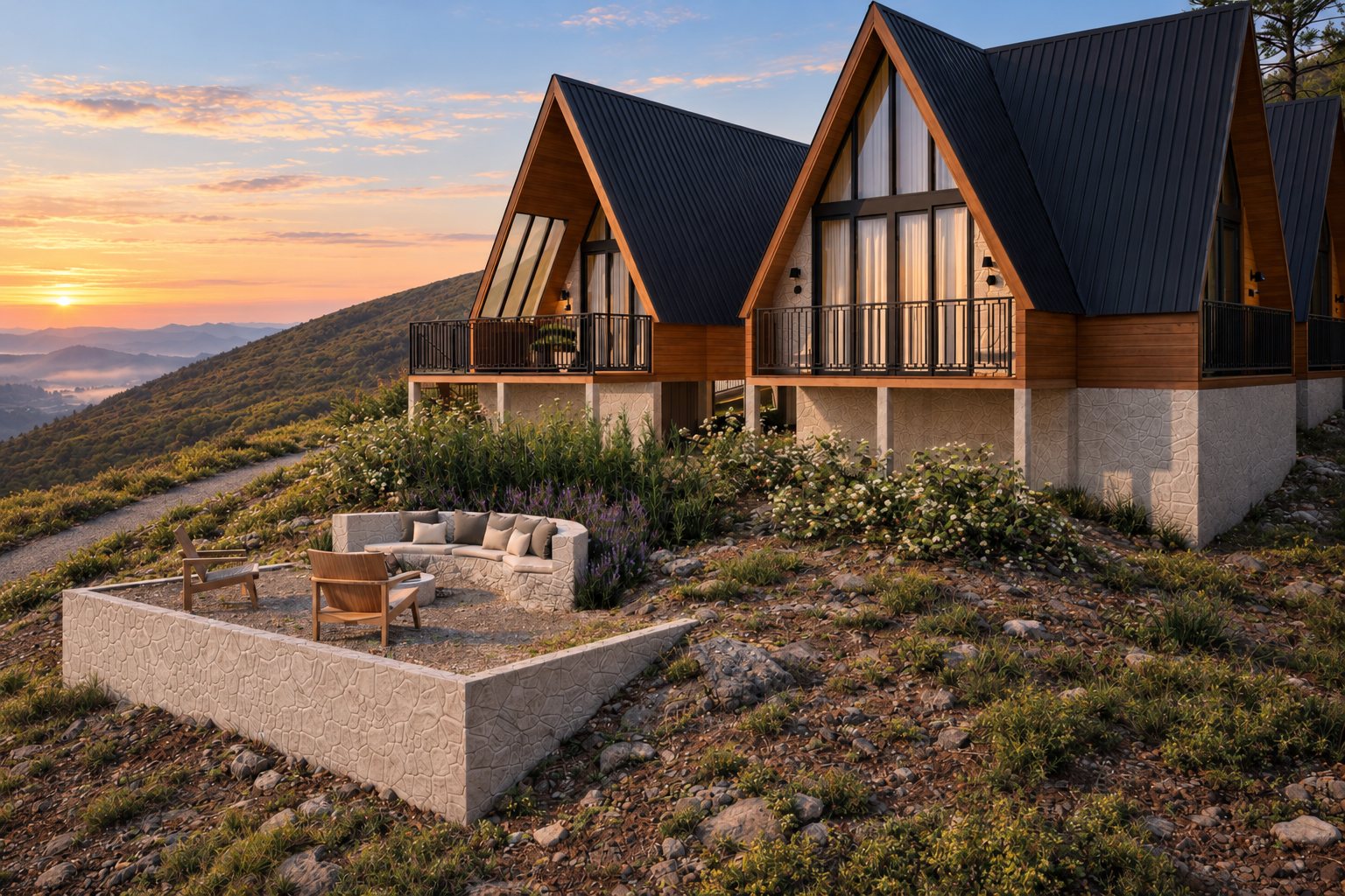 Casas A-frame ao amanhecer com área de fogueira na encosta